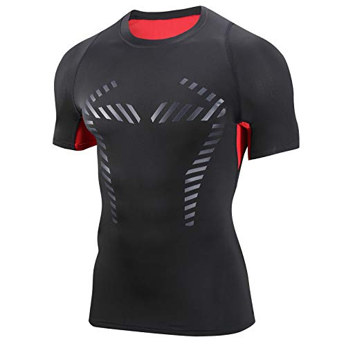 AMZSPORT Herren Kompressionsshirt Kurzarm Funktionsshirt Atmungsaktives Sportshirt Laufshirt，Rot M von AMZSPORT