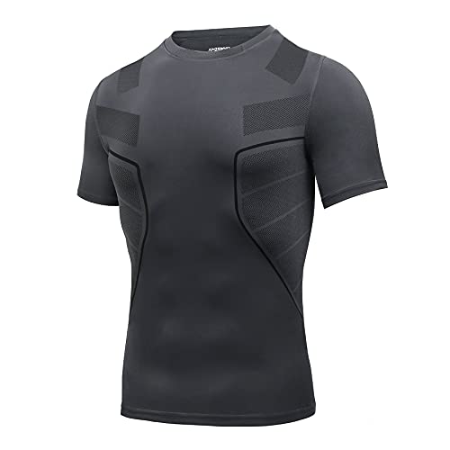 AMZSPORT Herren Kompressionsshirt Kurzarm Funktionsshirt Schnell Trocknend Baselayer Laufshirt, Grau M von AMZSPORT