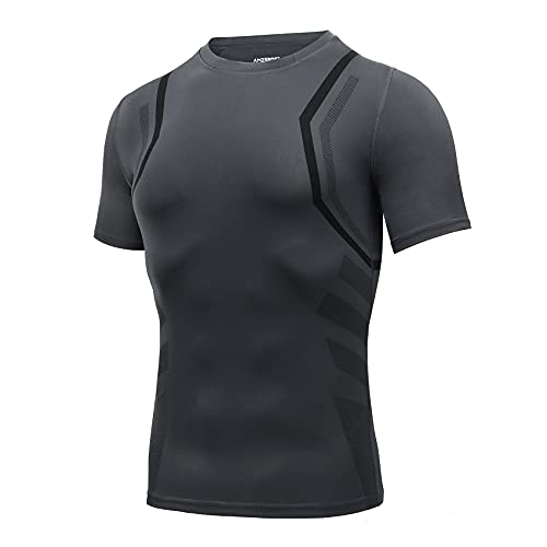 AMZSPORT Herren Kompressionsshirt Kurzarm Funktionsshirt Schnell Trocknend Baselayer Laufshirt, Grau Size S von AMZSPORT