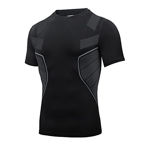 AMZSPORT Herren Kompressionsshirt Kurzarm Funktionsshirt Schnell Trocknend Baselayer Laufshirt, Schwarz S von AMZSPORT