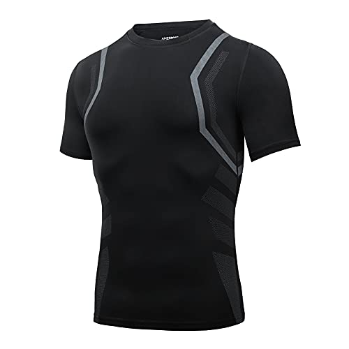 AMZSPORT Herren Kompressionsshirt Kurzarm Funktionsshirt Schnell Trocknend Baselayer Laufshirt, Schwarz Size L von AMZSPORT