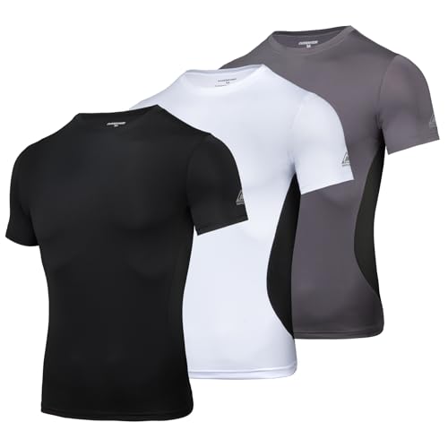 AMZSPORT Herren Kompressionsshirt Kurzarm Funktionsshirts Cool Dry Training Running Top, 112060, Schwarz Weiß Grau, XXL von AMZSPORT