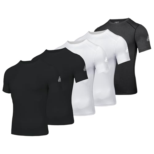 AMZSPORT Herren Kompressionsshirt Kurzarm Funktionsshirts Cool Dry Training Running Top, 2 Schwarz 2 Weiß Grau, XXL von AMZSPORT