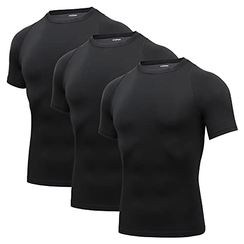 AMZSPORT Herren Kompressionsshirt Kurzarm Schnelltrocknendes Funktionsunterwäsche Laufshirt, 3er Pack, Schwarz, M von AMZSPORT