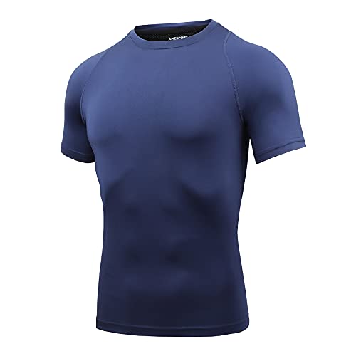 AMZSPORT Herren Kompressionsshirt Kurzarm Schnelltrocknendes Funktionsunterwäsche Laufshirt, Blau, L von AMZSPORT