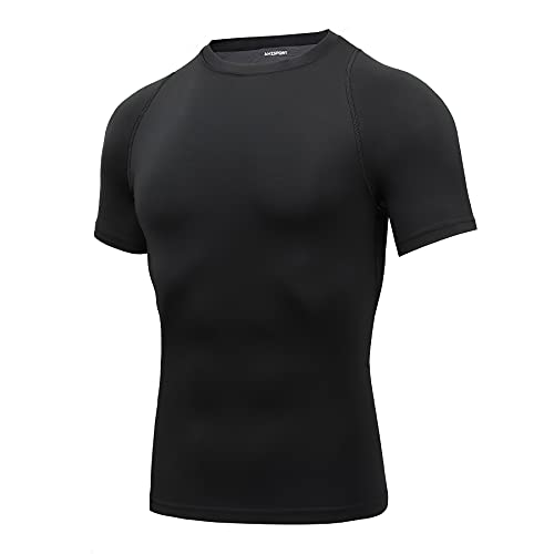 AMZSPORT Herren Kompressionsshirt Kurzarm Schnelltrocknendes Funktionsunterwäsche Laufshirt, Schwarz, L von AMZSPORT