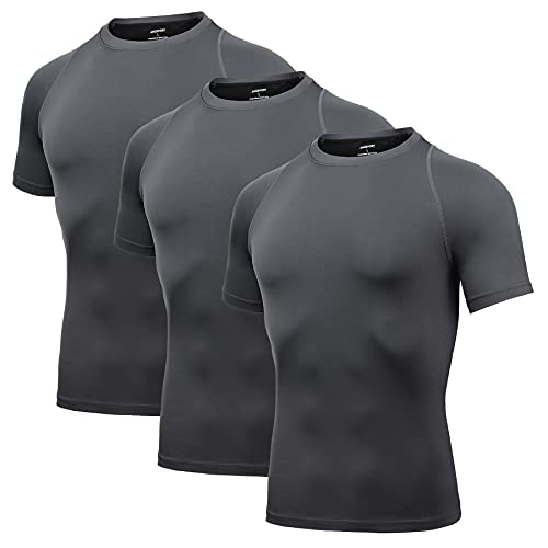 AMZSPORT Herren Kompressionsshirt Kurzarm Schnelltrocknendes Laufshirt Funktionsunterwäsche, 3er Pack, Grau L von AMZSPORT