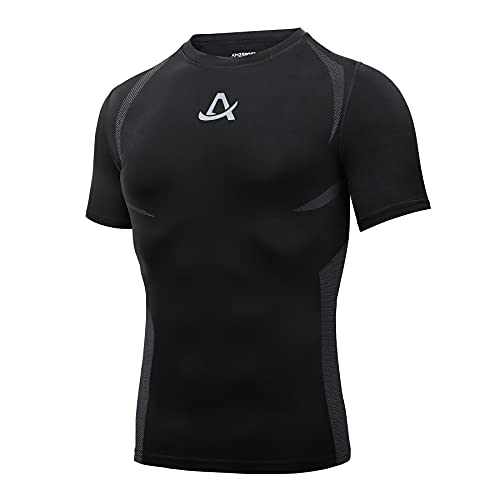 AMZSPORT Herren Kompressionsshirt Kurzarm Sportshirt Schnelltrocknend Laufshirt Funktionsshirt, Schwarz L von AMZSPORT