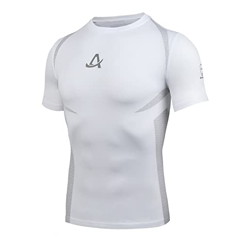 AMZSPORT Herren Kompressionsshirt Kurzarm Sportshirt Schnelltrocknend Laufshirt Funktionsshirt, Weiß L von AMZSPORT