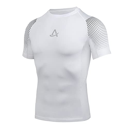 AMZSPORT Herren Kompressionsshirt Kurzarm Sportshirt Schnelltrocknend Laufshirt Funktionsshirt, Weiß Size M von AMZSPORT