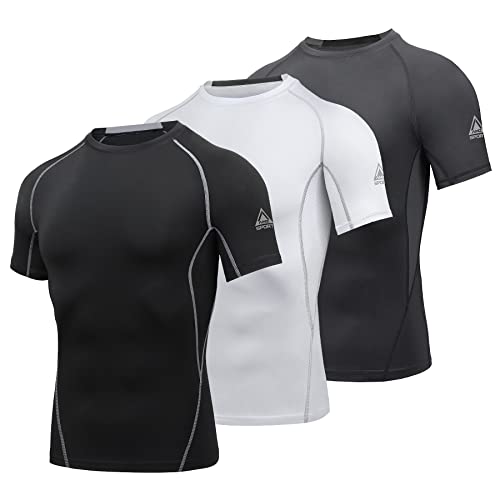 AMZSPORT Herren Kompressionsshirt Kurzarm T-Shirts Schnell Trocknend Gym Laufen Funktionsunterwäsche, 3er Pack, Schwarz, Weiß, Grau M von AMZSPORT