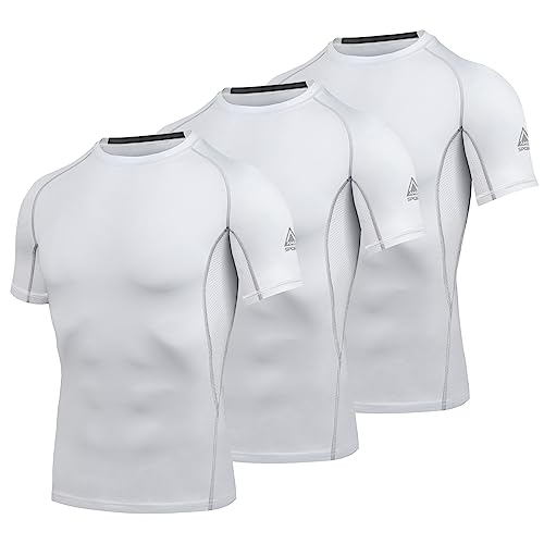 AMZSPORT Herren Kompressionsshirt Kurzarm T-Shirts Schnell Trocknend Gym Laufen Funktionsunterwäsche, 3er Pack, Weiß M von AMZSPORT