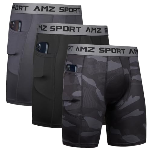 AMZSPORT Herren Kompressionsshorts Sport Shorts Kurze Hose Schnell Trocknend Funktionsunterwäsche, Schwarz-Grau-Tarnung, L von AMZSPORT