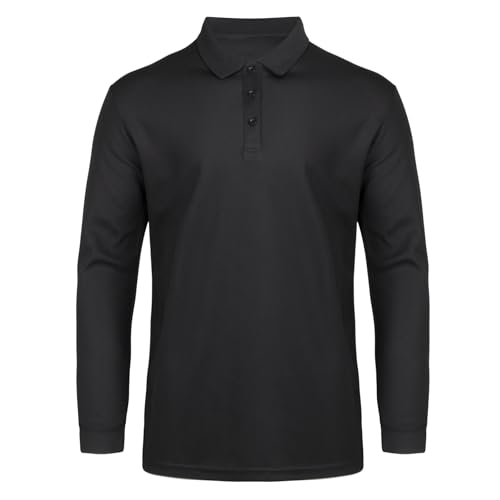 AMZSPORT Herren Polohemd Atmungsaktiv Langarmhemd Golf Casual Sportoberteil mit 5 Knöpfen für Arbeit und Outdoor,Schwarz L von AMZSPORT