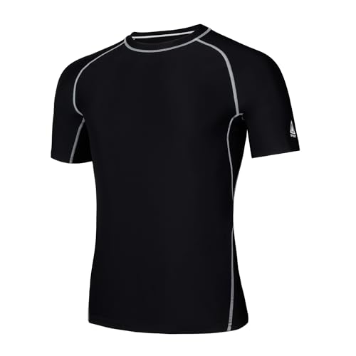 AMZSPORT Herren Rash Guard Shirt, UPF 50+ UV Schutz Kurzarm T-Shirt, Schnelltrocknendes Sonnenschutz Vest für Surf, Schwimmen, Angeln, Laufen, Schwarz, S von AMZSPORT