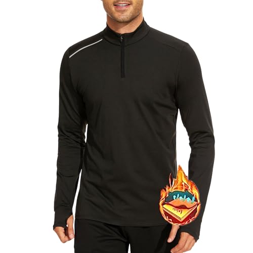 AMZSPORT Herren Thermal Langarmshirt, Half Zip Laufshirt mit Stehkragen, Atmungsaktiv 1/4 reißverschluss Sportshirt Funktionsshirt Trainingsshirt für Gym Jogging, Schwarz, L von AMZSPORT