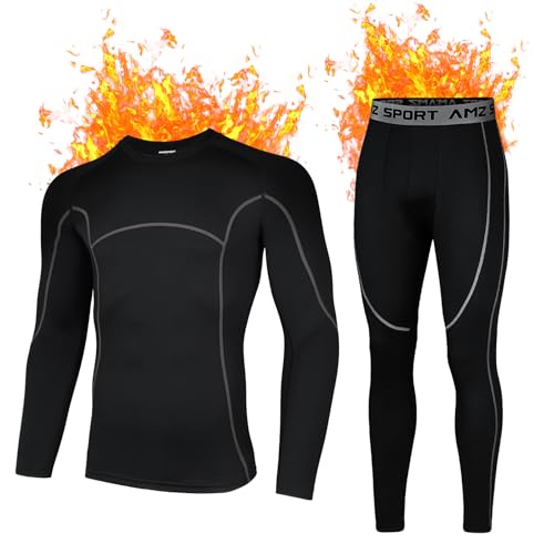 AMZSPORT Herren Thermounterwäsche Set Warmes Kompressionsshirt Kompressionshose Atmungsaktive Funktionsunterwäsche Winter Unterwäsche, Schwarzgrau L von AMZSPORT