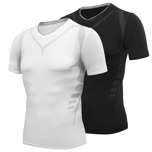 AMZSPORT Kompressionsshirt Herren Kurzarm Funktionsshirt Sportshirt Schnelltrocknend Laufshirt, 2er Pack Schwarz Weiß, XXL von AMZSPORT