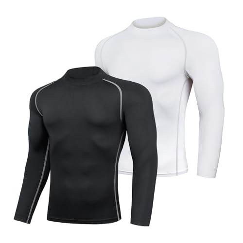 AMZSPORT Kompressionsshirt Herren Langarm 2er Pack Mock Neck Funktionsshirt Sportshirt Schnelltrocknend Laufshirt, Schwarz Weiß L von AMZSPORT