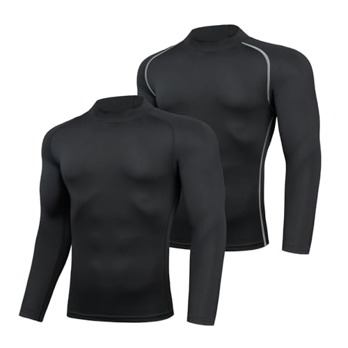 AMZSPORT Kompressionsshirt Herren Langarm 2er Pack Mock Neck Funktionsshirt Sportshirt Schnelltrocknend Laufshirt, Schwarz XL von AMZSPORT