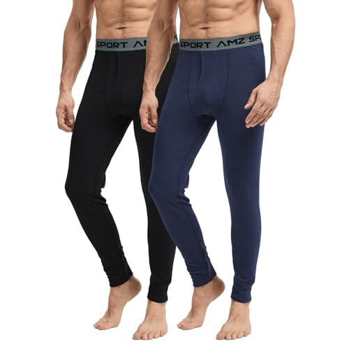 AMZSPORT Lange Unterhosen Herren Thermohose Winter Thermounterwäsche, 2er Pack Extra Warm Schwarz Blau XXL von AMZSPORT