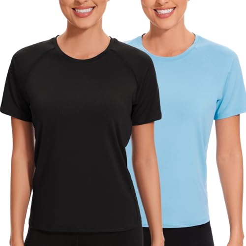 AMZSPORT Sportshirt Damen Kurzarm, Sport T Shirts Fitness Oberteile Atmungsaktive Funktionsshirt Laufshirt, 2er Pack Schwarz Himmelblau XXL von AMZSPORT