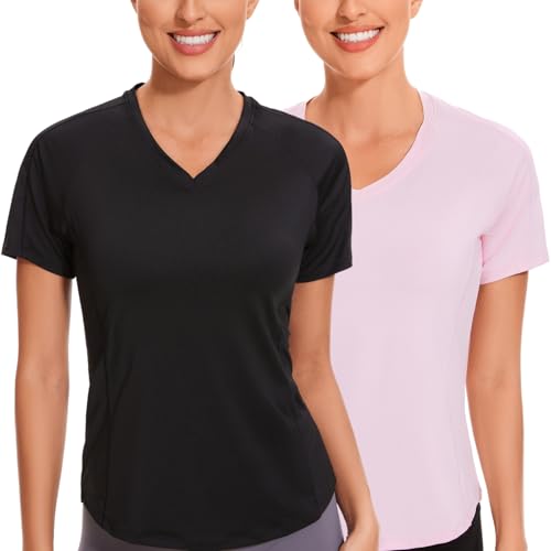 AMZSPORT Sportshirt Damen Kurzarm, V-Ausschnitt Sport T Shirts Fitness Oberteile Atmungsaktive Funktionsshirt Laufshirt, 2er Pack Schwarz Hellrosa XXL von AMZSPORT