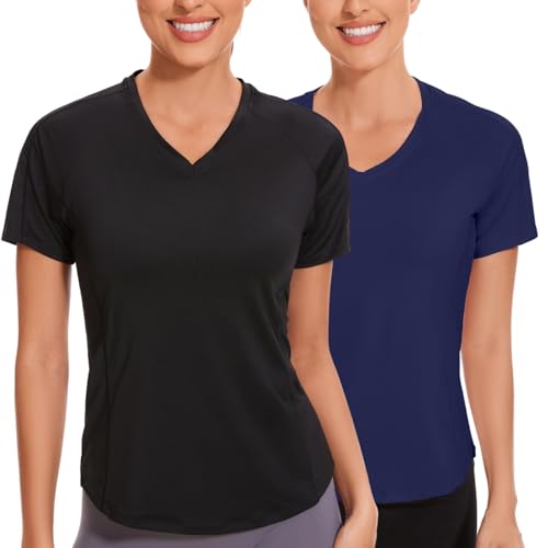 AMZSPORT Sportshirt Damen Kurzarm, V-Ausschnitt Sport T Shirts Fitness Oberteile Atmungsaktive Funktionsshirt Laufshirt, 2er Pack Schwarz Marineblau XXL von AMZSPORT