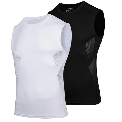 AMZSPORT Tank Top Herren Kompressionsshirt Ärmelloses Funktionsshirt Atmungsaktives Muskelshirt Laufshirt Sports Unterhemd,SchwarzWeiß XXL von AMZSPORT