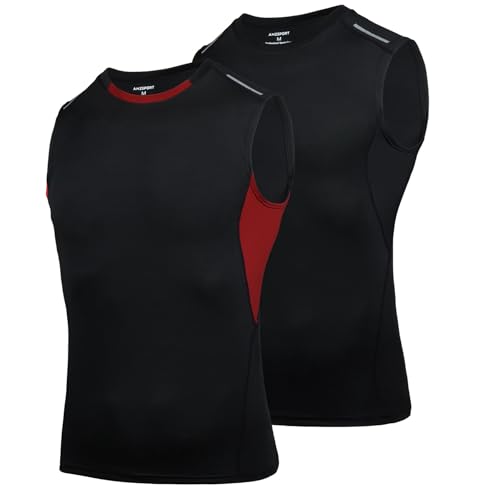 AMZSPORT Tank Top Herren Kompressionsshirt Ärmelloses Funktionsshirt Atmungsaktives Muskelshirt Laufshirt Sports Unterhemd,SchwarzeRot Netz L von AMZSPORT