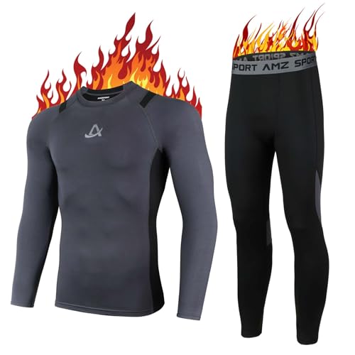 AMZSPORT Thermounterwäsche Set für Herren, Ideales Winter-Set zum Skifahren und Laufen, Enthält Atmungsaktive Funktionsunterwäsche sowie eine Thermohose, Grau M von AMZSPORT