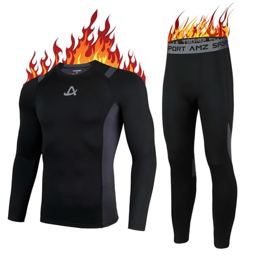 AMZSPORT Thermounterwäsche Set für Herren, Ideales Winter-Set zum Skifahren und Laufen, Enthält Atmungsaktive Funktionsunterwäsche sowie eine Thermohose, Schwarz L von AMZSPORT