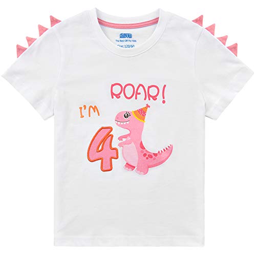 Dinosaurier Geburtstag T Shirt - 4. Baby Mädchen T-Shirt Kurzarm Geschenk 100% Baumwolle Weiß Rundhals-Ausschnitt T-Rex Gedruckt Stickerei Sommer Top Bekleidung von AMZTM