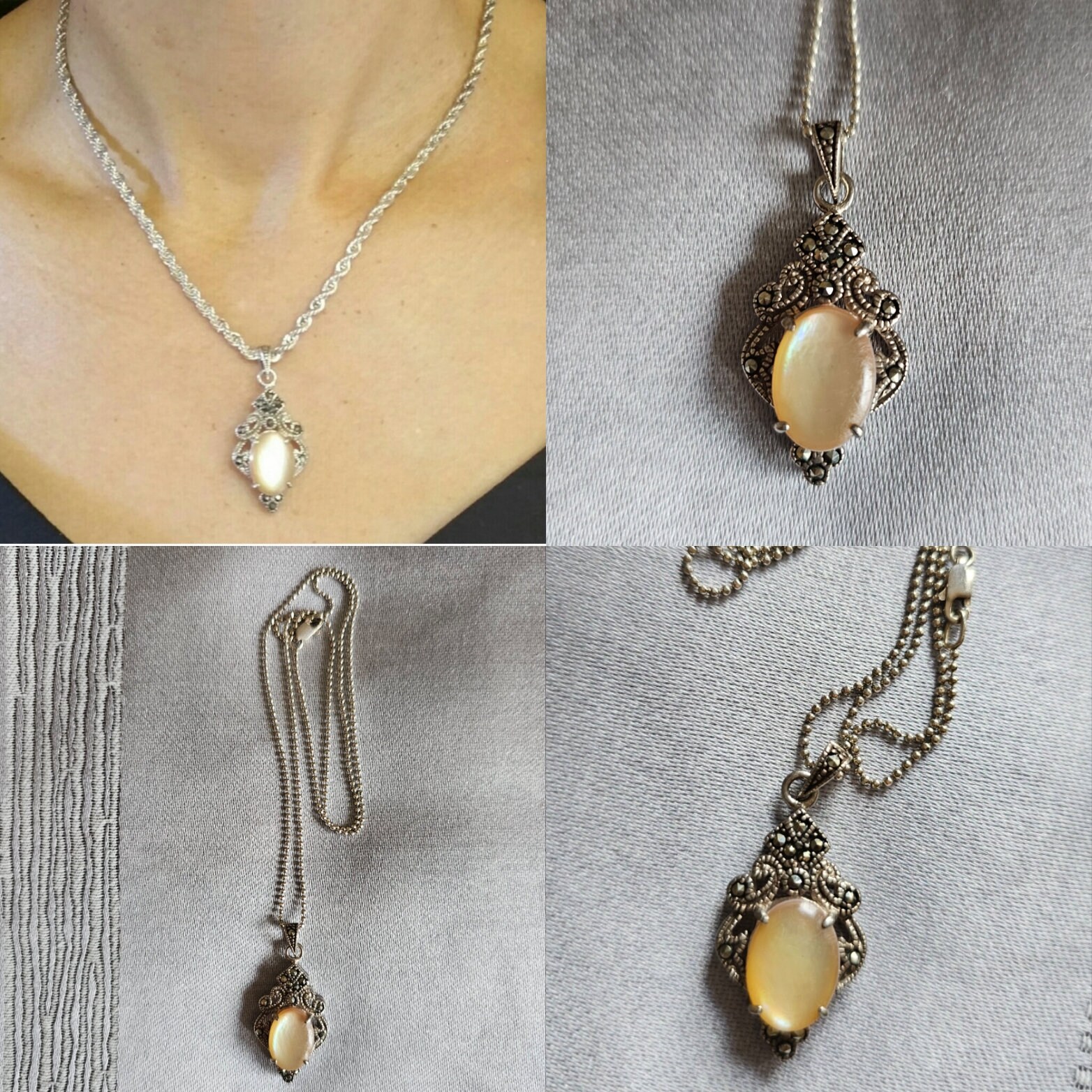 Sterling Silber Kette Mit Perlmutt Und Strass Anhänger von AMariaGemsAndJewelry