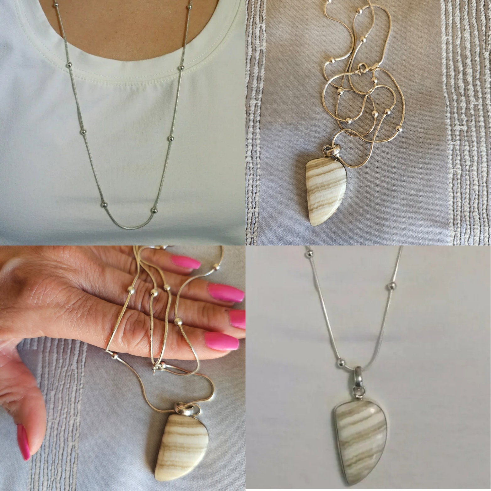 Sterling Silber Perlen Kette Mit Echtem Achat Stein Anhänger von AMariaGemsAndJewelry