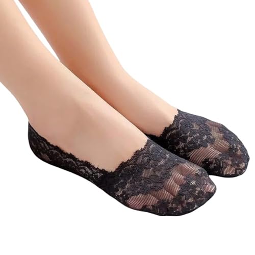 AMateschitz 5 Paar Damen No Show Socken Unsichtbare Ballerina Socken Spitzensocken mit Rutschfest Silikon Baumwolle Füßlinge Unsichtbare Halbsocken Niedrig Geschnittene Bootssocke Schwarz von AMateschitz
