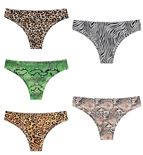 AMateschitz 5er Pack Leopard Tangas Slips Damen Baumwolle No Show String Pantys mit Tierisch Niedrige Taille Höschen mit Leopardenmuster Sexy Nahtlose Unterhose Unterwäsche Thongs Frauen 5 Farbe L von AMateschitz