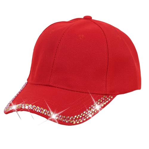 AMateschitz Damen Basecap Strass-Baseballkappe Glitzer Baseball Cap Verstellbare Baseballkappe Baumwolle Baseballmütze Sommer Sonnenkappe Funkelnde Sonnenhut Atmungsaktive Sun Cap für Golf Rot von AMateschitz