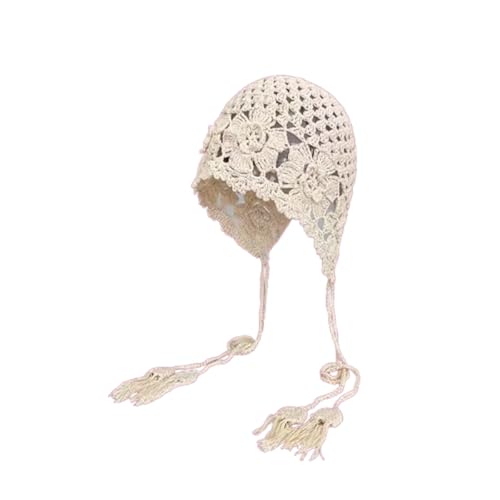 AMateschitz Geflochtene Strickmütze mit Quasten Gestrickte Hohle Quastenmütze Damen Ethnostil Gehäkelte Spitzenmütze Vintage Handgefertigte Häkelmütze Häkelkopftuch Beige-Quasten#1 56-60CM von AMateschitz