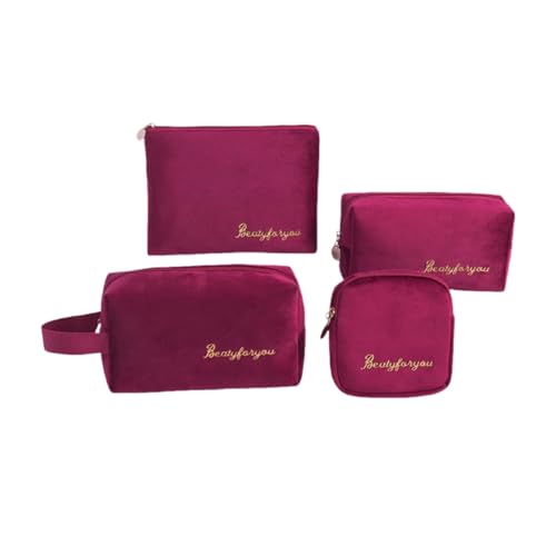 AMateschitz Kosmetiktasche Samt Kulturtasche Wasserdicht Kulturbeutel Reise Make up Tasche Tragbare Schminktasche Cosmetic Bag Kosmetikbag Organizer Bag Waschtasche für Alltag Weinrot（4er Set） von AMateschitz