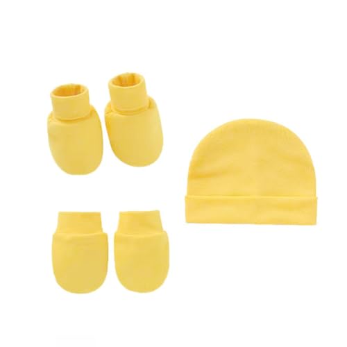 AMateschitz Mütze und Handschuhe Set Baby Babymütze und Fäustlinge Einfarbige Strickmützen mit Handschuhen und Fußdecke Neugeborene Wintermütze Beanie Infant Gelb-3 Sets Einheitsgröße von AMateschitz