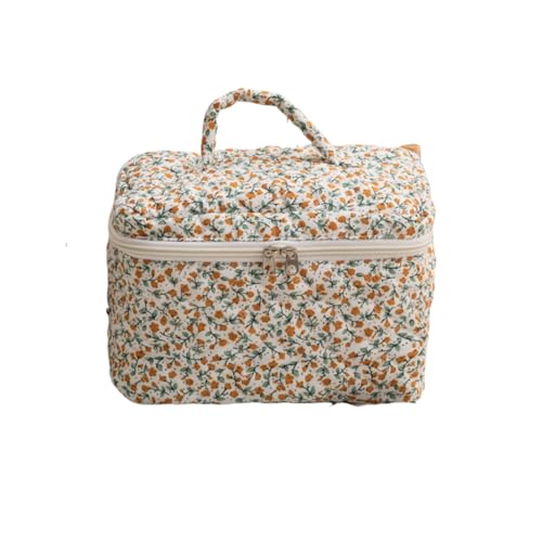 AMateschitz Reise Kosmetiktasche Kulturtasche Damen mit Blumenmuster Groß Make Up Tasche Tragbare Schminktasche Kawaii Kulturbeutel Waschtasche Blumen Gesteppte Kulturtasche Organizer Tasche Gelb L von AMateschitz