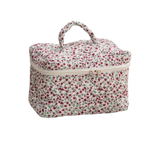 AMateschitz Reise Kosmetiktasche Kulturtasche Damen mit Blumenmuster Groß Make Up Tasche Tragbare Schminktasche Kawaii Kulturbeutel Waschtasche Blumen Gesteppte Kulturtasche Organizer Tasche Rot L von AMateschitz