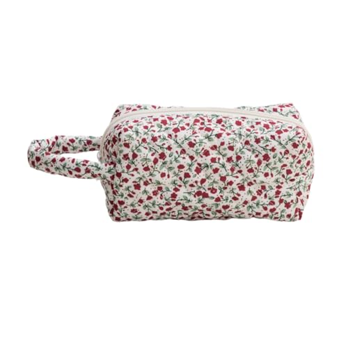 AMateschitz Reise Kosmetiktasche Kulturtasche Damen mit Blumenmuster Groß Make Up Tasche Tragbare Schminktasche Kawaii Kulturbeutel Waschtasche Blumen Gesteppte Kulturtasche Organizer Tasche Rot S von AMateschitz