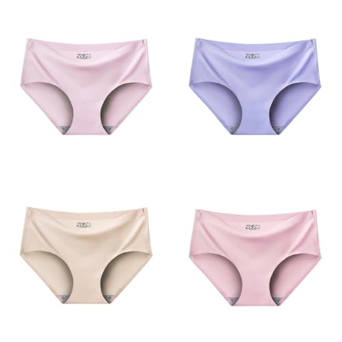 AMateschitz Unterhosen Damen Baumwolle 4er Pack Nahtlos No Show Slips Mittel Taille Seamless Höschen Hipster Bequeme Panties Unterwäsche Ice Silk für Frauen M-XXL Rosa+Lila+Hautton+Hellkaffee L von AMateschitz