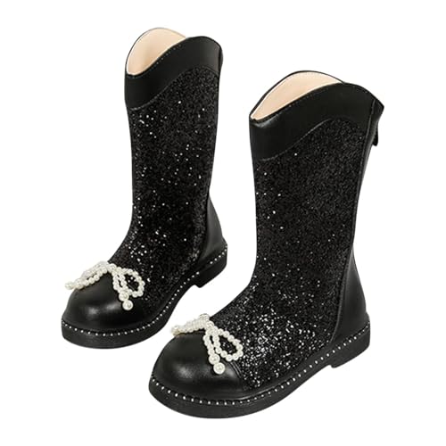 AMhomely Cowgirl-Stiefel für Mädchen, glitzernde Schuhe, Halbwadenreitstiefel, Kunstleder, Schleifen-Dekoration, Reißverschluss hinten, Herbst-Winterkleid, Prinzessinnenschuhe für 3–11 Jahre, A von AMhomely