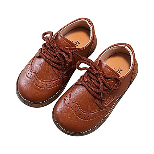 AMhomely Kinder Schulschuhe Prewalker Outdoorschuhe PU-Leder Jungen Mädchen Oxford-Schuhe Schnürschuhe rutschfeste Textur Sohle Loafer Flats Little Kid Classic Uniform 3-6 Jahre, Ein Braun, 29 EU von AMhomely
