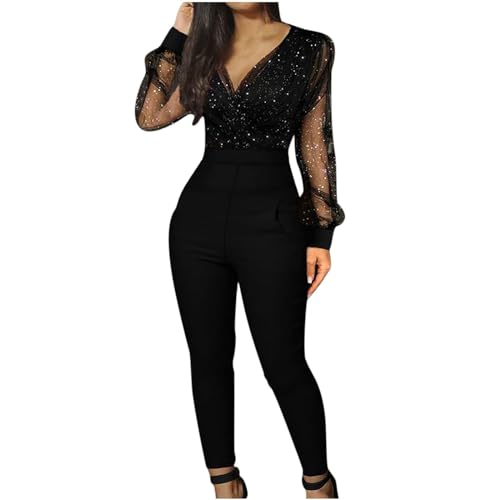 AMhomely Playsuit For Women UK Elegant Mesh Romper Women Sparkling Sequins Casual Overalls Trousers Straight Wide Leg Pants Wide Leg Latzhose Full Length Romper Trousers Office Work, 01 black, 38 von AMhomely