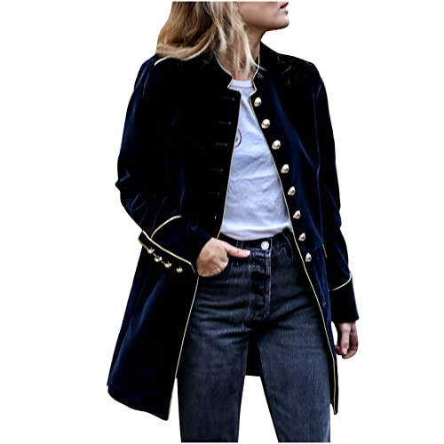 AMhomely Velours Blazer Damen Retro Vintage Mittelalter Anzugjacke Multi Knopf Kleid Jacke Großvater Kragen Business Jacke Elegant Renaissance Jacke Knopfmanschette Samtjacke Hochzeit Party, 01 Navy, von AMhomely