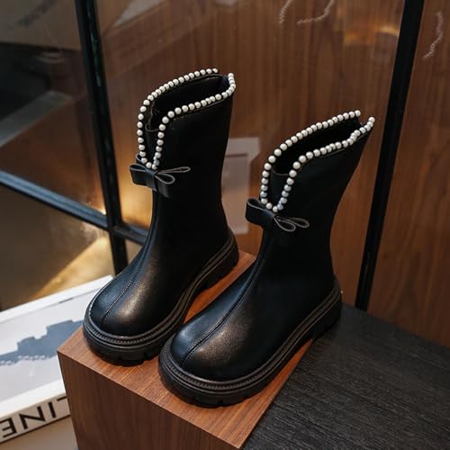 AMhomely Winterstiefel für Mädchen, halbe Waden-Stiefel für Kinder, Prinzessinnenschuhe, Plüschfutter, Schneestiefel, Schleifen-Dekor, Schlupfschuhe, hohe Schuhe für Kinder von 3–11 Jahren, A Schwarz von AMhomely